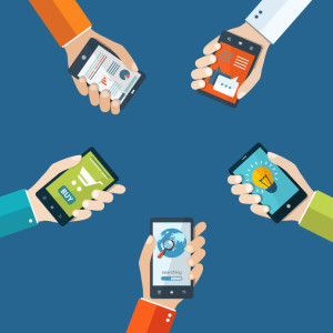 40828787 - mobile applications concept. hand with phones flat illustration.